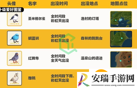 心动小镇观鸟图鉴有哪些