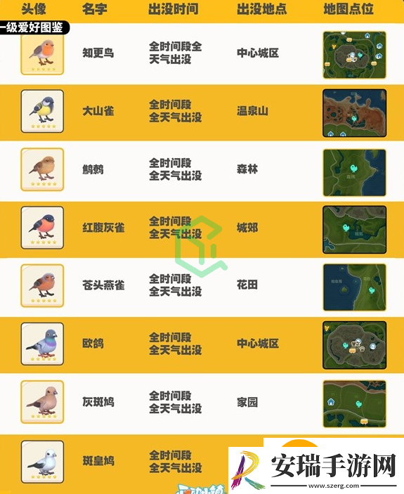 心动小镇观鸟图鉴有哪些