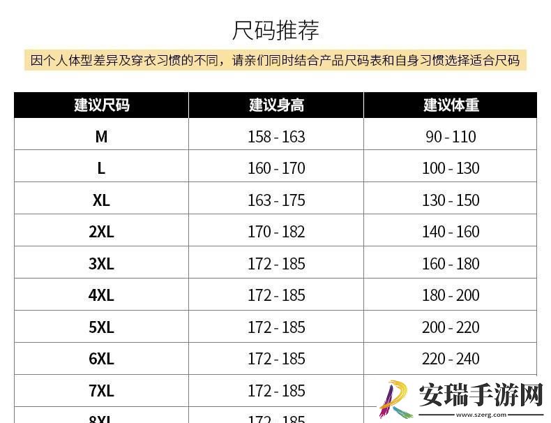 衣服尺寸标号对照表xl
